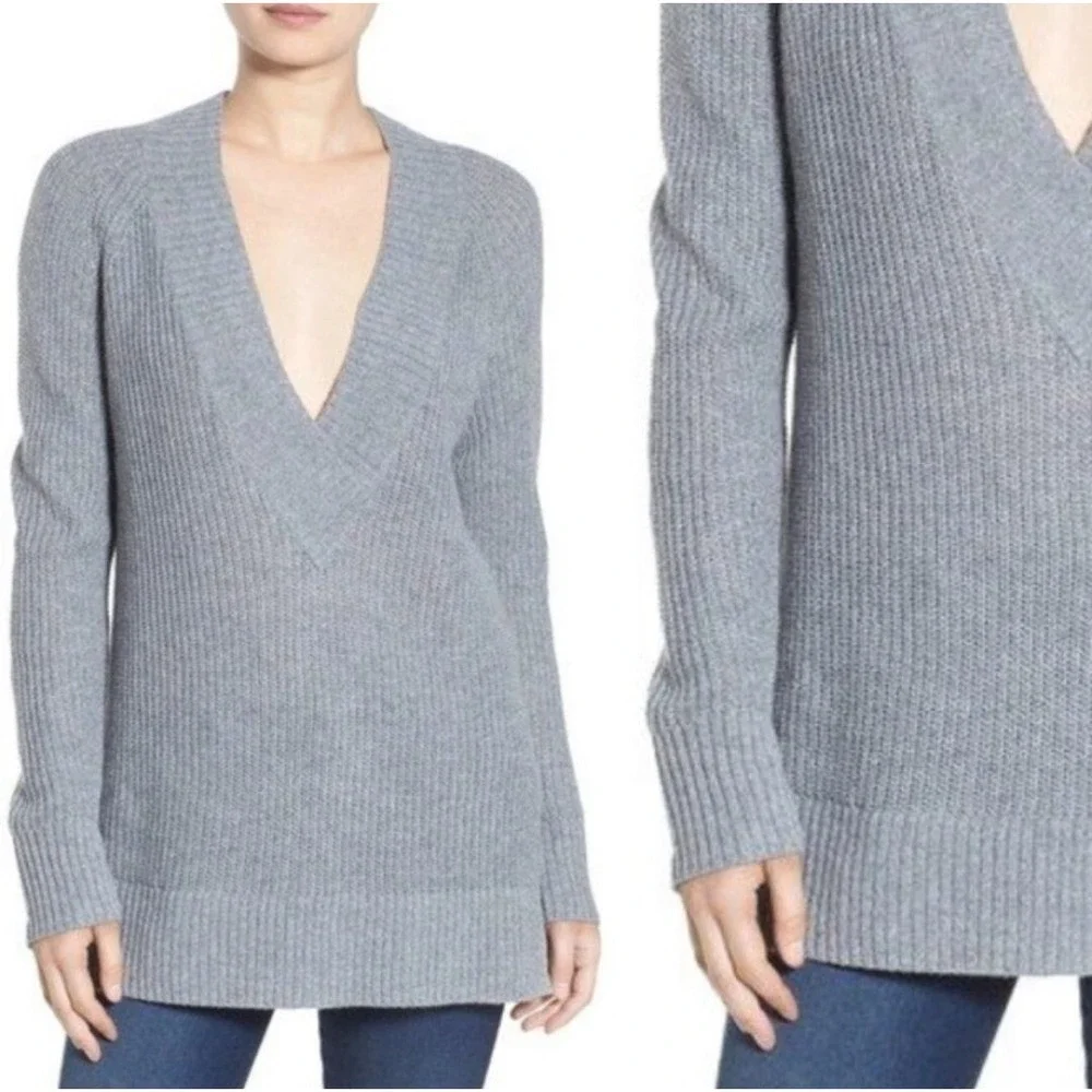 BP Deep V-Neck Ribbed Knit Tunic Sweater Womens XS Grey Long Sleeve Pullover